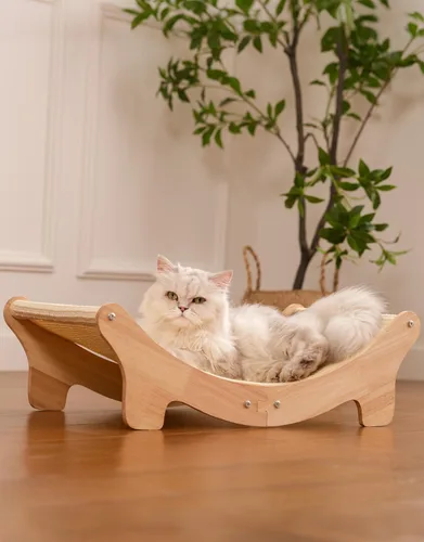Cama rascador de sisal natural para gatos de interior, hamaca con marco de roble, muebles de madera para gatos grandes, rascador moderno