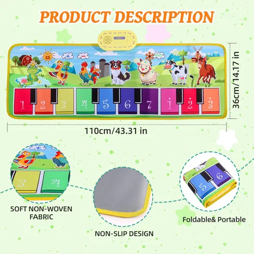 Miniatura 6 de Alfombra de piano de suelo para niños pequeños, alfombra de baile de música educativa sensorial, manta de sonidos de animales, tapete de juego