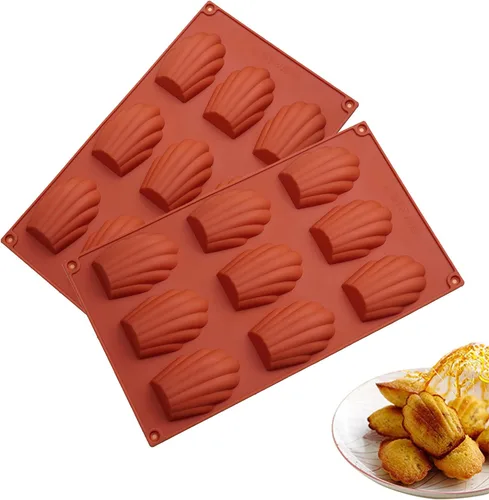Molde de Madeleine de 9 cavidades, 2 moldes de silicona antiadherentes, molde para hornear pastel con forma de concha (rojo ladrillo)
