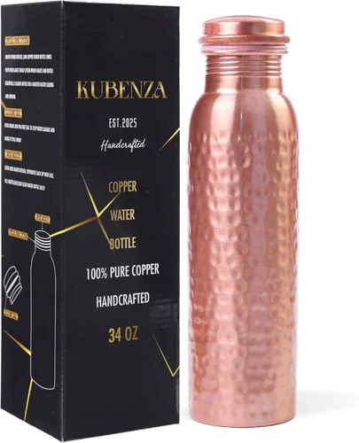 Botella de agua de cobre 100% puro – Botella de cobre ayurvédica para agua potable – 34 oz (1 litro) – Hecho a mano, a prueba de fugas, sin BPA,