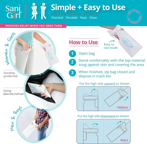 Miniatura 7 de SaniGirl Urinarios desechables Bolsas portátiles para orinar Urinario de viaje para mujeres, niños y adultos, urinario sanitario de emergencia