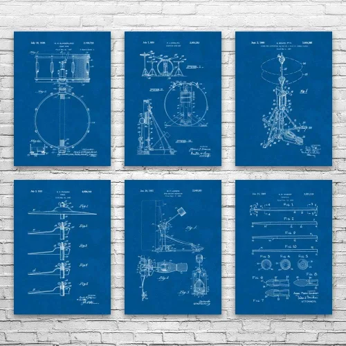 Miniatura 4 de Juego de 6 carteles de patente de tambor (8 x 10), regalo de baterista, arte de estudio de grabación, regalo de músico, decoración de batería