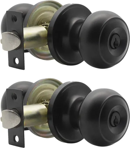 Probrico Perillas de puerta exterior con cerradura con cerradura de bola plana para puerta de entrada en color negro, llave interior, herrajes de