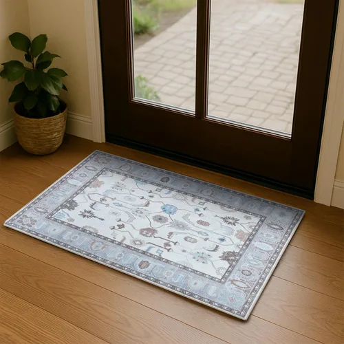 Miniatura 42 de Fame Living Alfombra Oushak Crema Azul, Alfombras Pequeñas Modernas, Vintage, Turca, Ecléctica, Floral, Pastel, Lavable, Tapete para Puerta, Felpudo