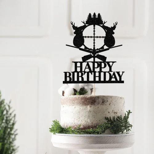 Miniatura 4 de Decoración para tartas de caza de ciervos, cuernos negros, decoración de pastel de feliz cumpleaños, temática de campamento de cazador para niños