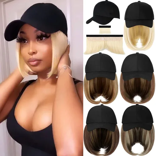 Miniatura 8 de Qlenkay Gorra de béisbol con extensiones de cabello recto, fleco corto, peinado ajustable, extraíble peluca y sombrero ,14 pulgadas para mujer y niña