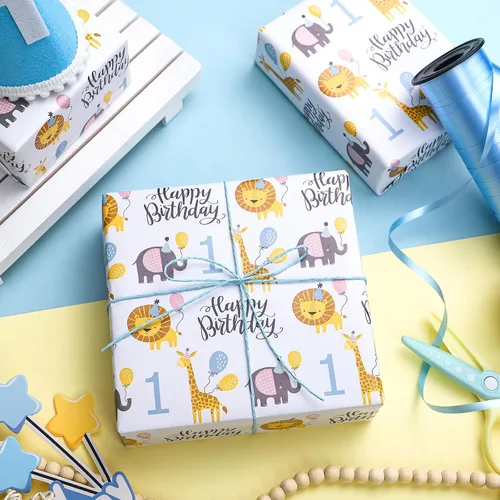 Miniatura 7 de WRAPAHOLIC Papel de regalo de primer cumpleaños, mini rollo, 17 pulgadas x 9.8 pies, bonito papel de regalo de animales para niños, niñas, niños