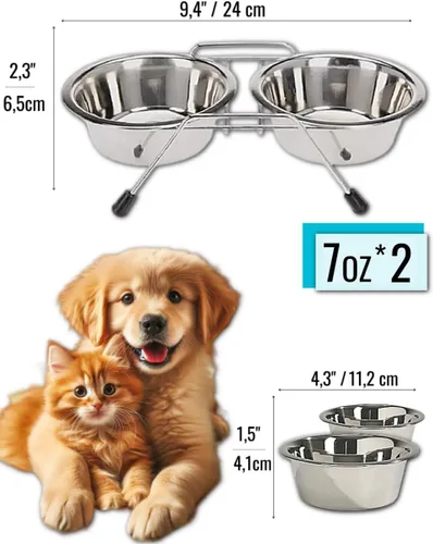 Miniatura 2 de Cuencos para mascotas para perros y gatos, con 2 cuencos, base de soporte de hierro, soporte de doble tazón, dos de acero extraíbles (7 onzas)