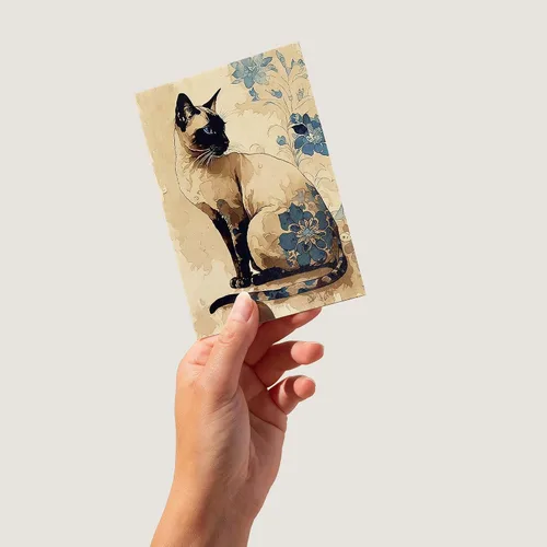 Miniatura 2 de Artery8 Gato siamés con flores azules acuarela y tinta ilustración moderna arte cumpleaños sellada tarjeta de felicitación más sobre en blanco