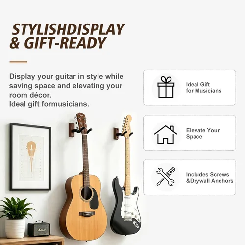 Miniatura 7 de Soporte de pared para guitarra, ganchos para guitarra, soporte para guitarras acústicas y eléctricas, bajo, banjo mandolina, base de madera de nogal