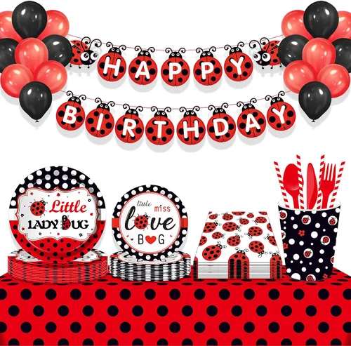 Miniatura 5 de 141 piezas de suministros para fiesta de cumpleaños de mariquita, kit de vajilla desechable con platos de lunares rojos y negros, vasos