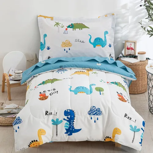 Miniatura 8 de DJY Juego de ropa de cama de algodón tamaño Twin, juego de edredón reversible de dinosaurios y autos para niños y niñas, 4 piezas de cama en una