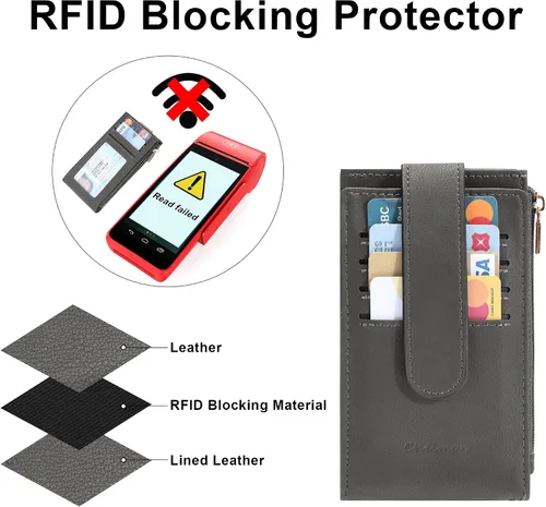 Miniatura 4 de Chelmon Billetera delgada para mujer, con bloqueo RFID, plegable, con bolsillo con cremallera, Gris oscuro con llavero, Minimalista