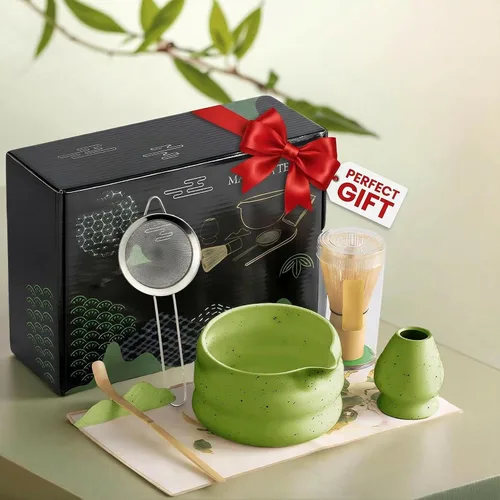 Miniatura 9 de cjc Juego de 7 piezas de batidores, juego de batidor de matcha, cuenco de cerámica con boquilla, batidor de bambú, ceremonia japonesa, regalo