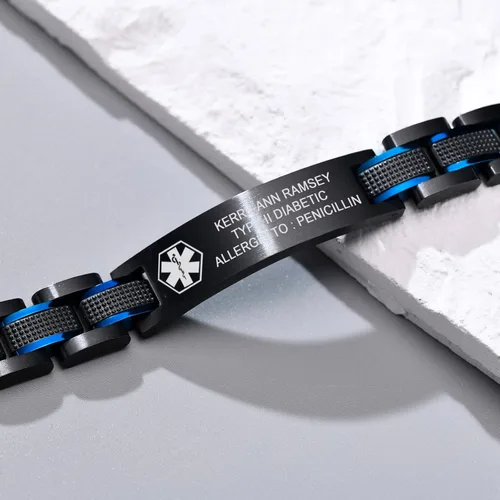 Miniatura 3 de Free Custom Engraving Medical ID Bracelet 2-tone Blue Black Titanium Steel Heavy Masculine Elaborate Men's Medical Alert Bracelet Wristband Jewelry