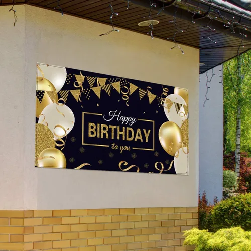 Miniatura 6 de Blulu Cartel de feliz cumpleaños negro y dorado grande para fotos, telón de fondo de tela con purpurina para suministros de decoración de fiesta