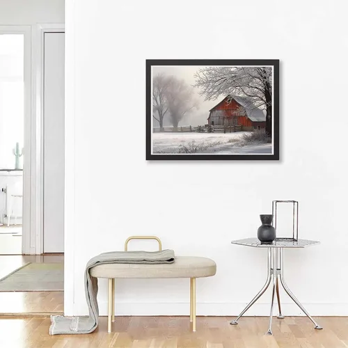 Miniatura 3 de Pintura de diamantes, árbol de nieve, niebla, granero rural, granero, kit de invierno para adultos, pintura de diamantes por números, arte de gemas