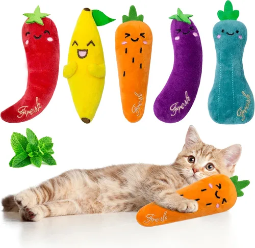 Seyezo Juguetes de hierba gatera para gatos de interior, paquete de 5 juguetes para gatos, juguetes esponjosos de hierba gatera para masticar y