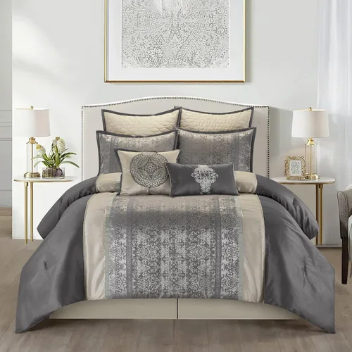 Stratford Park - Juego de edredón de damasco de plata/marfil con mosaico, 8 piezas, funda de almohada de jacquard, falda de cama, almohada