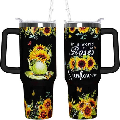 Miniatura 11 de Vaso de 40 onzas con asa de 40 onzas con diseño de mariposa morada con tapa, popote con doble aislamiento, taza de café de viaje, regalo de mariposa