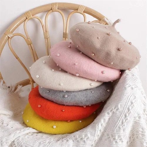 Miniatura 20 de Gorros de boina de perlas para bebés y niñas, sombreros de lana para fiesta de bebé, sombreros de primavera y verano, accesorios para bebés de 2 a 6