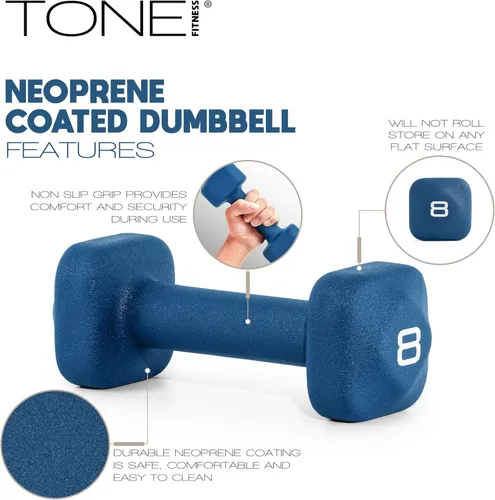 Miniatura 50 de Tone Fitness Pares de Mancuernas de Pesas de Neopreno con Cabeza Cuadrada Antirrodamiento Múltiples Opciones Azul