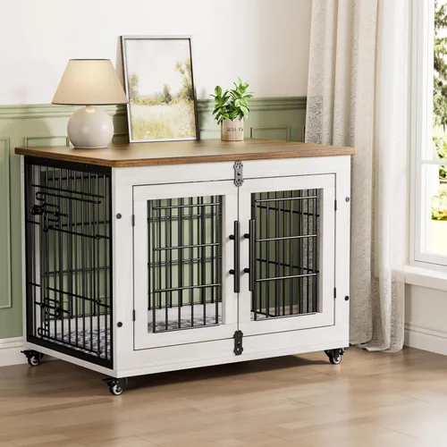 Miniatura 14 de Lulive Muebles de Jaula Grande para Perros, Mesa Auxiliar de Jaula para Perros de Madera de 38'', Perrera para Perros de Doble Puerta