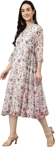 Miniatura 3 de Janasya Vestido acampanado con estampado floral de lúrex de gasa blanca para mujer india