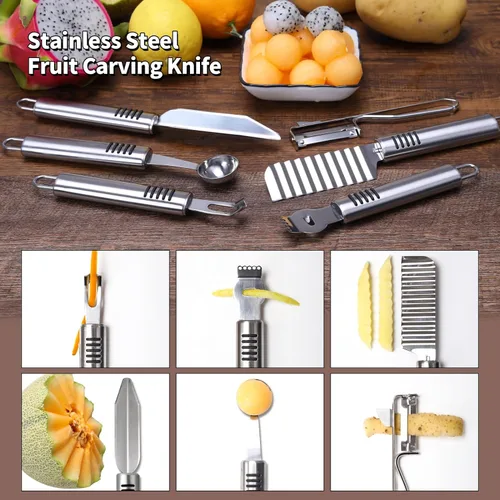 Miniatura 6 de BURLIHOME Juego de cuchillos de tallado de frutas de acero inoxidable, paquete de 5 cuchillas de grabado para vegetales para la cocina, cuchara