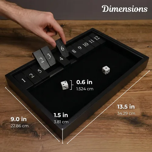Miniatura 4 de WE Games: juego de mesa de madera "Shut The Box" - Juego de pub para cerrar la caja con 12 fichas de números y 2 juegos de dados - Acabado negro