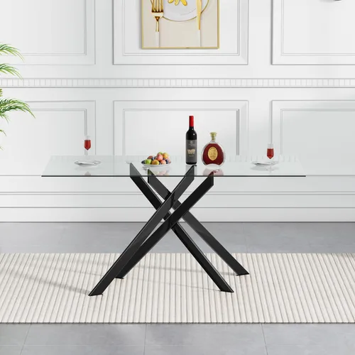 Miniatura 2 de SSLine Mesa de comedor moderna de cristal, rectangular de 51 pulgadas, color negro con patas de metal diseñadas en X para cocina y comedor