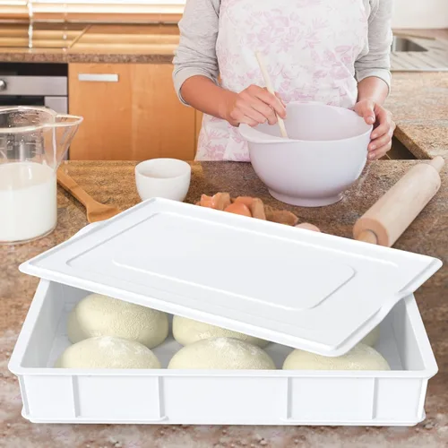 Miniatura 5 de Paquete de 4 bandejas de plástico a prueba de masa con tapa, contenedor apilable para masa de pizza, color blanco