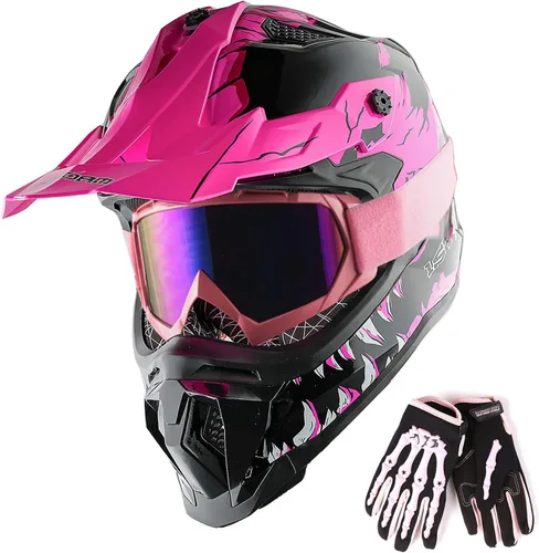 1Storm - Casco de motocross para adulto ATV Dirt Bike BMX MX Downhill Mountain Helmet estilo pista JH601; conjunto de casco rosa dinosaurio + gafas