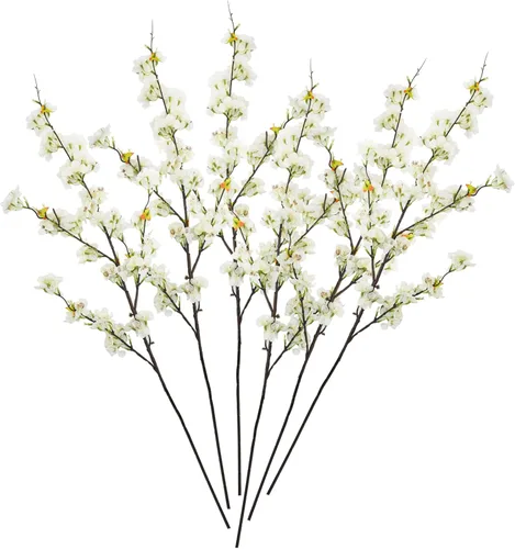 Miniatura 8 de 6 ramas artificiales de cerezo de seda de cerezo sintético, tallos altos, flores artificiales para florero, boda, decoración del hogar (blanco)