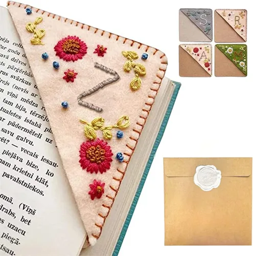 Miniatura 85 de Marcapáginas de esquina bordado a mano personalizado, 26 letras con costura a mano de fieltro, marcapáginas de esquina con bordado de flores lindo