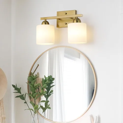 Miniatura 2 de Mecgirn Luces de tocador de vidrio de leche de acero inoxidable para baño, 2 lámparas de baño doradas claras sobre espejo, enchufes E26 de cerámica