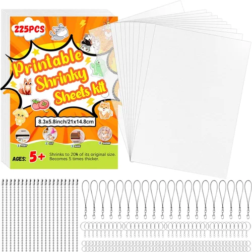 Juego de 225 llaveros de hojas retráctiles imprimibles con 25 hojas de plástico retráctil imprimibles y 200 accesorios para impresora de inyección