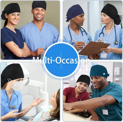 Miniatura 8 de QBA Gorra de trabajo ajustable con botón, gorro forrado de satén, gorro de trabajo de algodón, banda elástica para atar en la espalda, unisex Pt