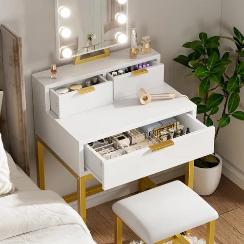 Miniatura 3 de BOLUO Tocador Dorado de Maquillaje con Espejo de Hollywood y Luces, Juego de Tocador para Niñas con Taburete, Mesa de Maquillaje Compacta