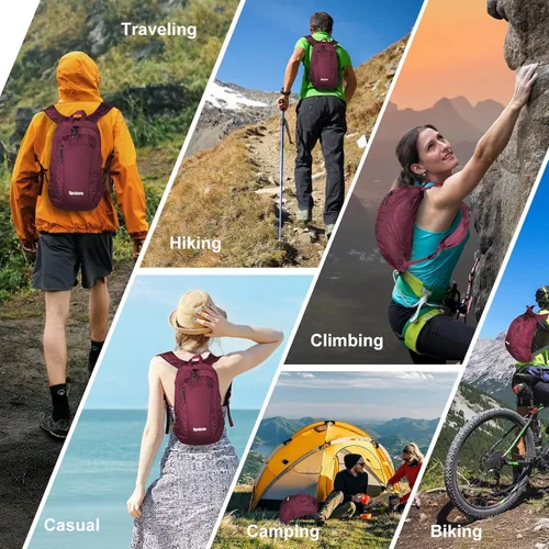 Miniatura 5 de Mochila plegable ultraligera y delgada de 12 litros, pequeña mochila de senderismo plegable, bolsa de viaje, resistente al agua para hombres y Rojo