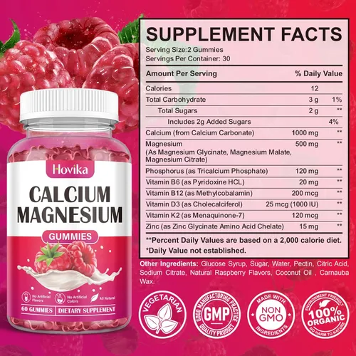 Miniatura 7 de Gomitas de calcio y magnesio y zinc, proporción 2:1 de calcio y magnesio con vitamina D3, K2, B6, B12 para fuerza ósea, función muscular y salud