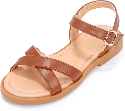 PANDANINJIA Elva - Sandalias para niñas con puntera abierta, bonitas, planas, sandalias de vestir con tiras cruzadas, zapatos de verano para niños