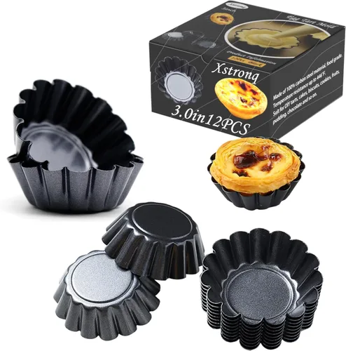 Miniatura 10 de Moldes para tarta de huevo, 12 moldes para tartas de 2.6 pulgadas, mini sartenes antiadherentes de acero al carbono, moldes para hornear