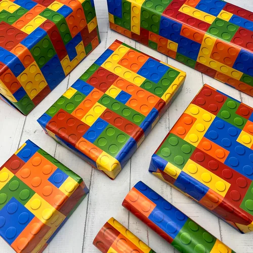 Miniatura 6 de Dtiafu Papel de regalo de bloques de construcción, bonito papel de regalo de cumpleaños para niños y niñas, 20 x 28 pulgadas por hoja (6 hojas)
