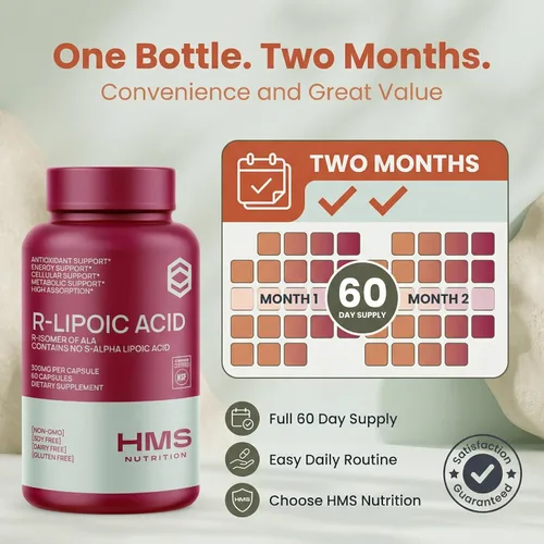Miniatura 8 de HMS Nutrition Ácido R-lipoico estabilizado de 300 mg por porción, ácido R alfa lipoico puro (R-ALA) de alta potencia activo R isómero, antioxidante