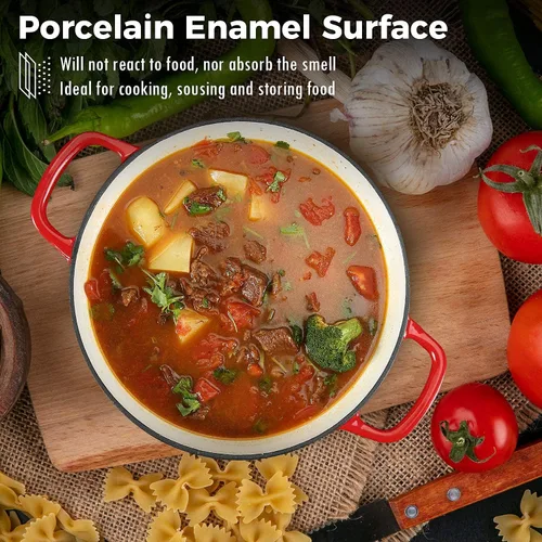 Miniatura 6 de Cacerola de hierro fundido COOKWIN, 3.8 QT, Sartén de hierro fundido con tapa y asas dobles, olla de superficie esmaltada de porcelana, Rojo