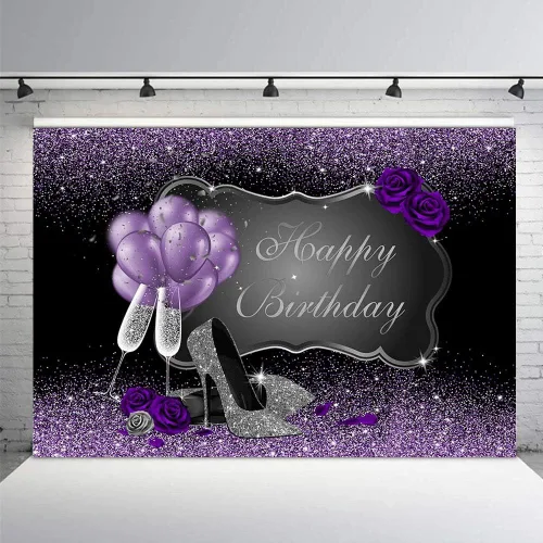 Miniatura 4 de MEHOFOND Accesorios de fondo de fotos en negro y morado, tacones altos plateados, globos de champán, globos de rosa morada, globos de mujer