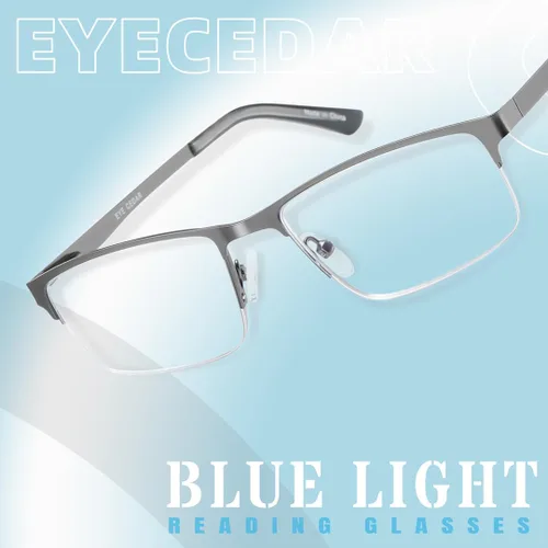 Miniatura 7 de EYECEDAR Paquete de 5 lentes de lectura para hombre, lentes de bloqueo de luz azul, gris plomizo, metal, medio marco, bisagras de resorte, lectores