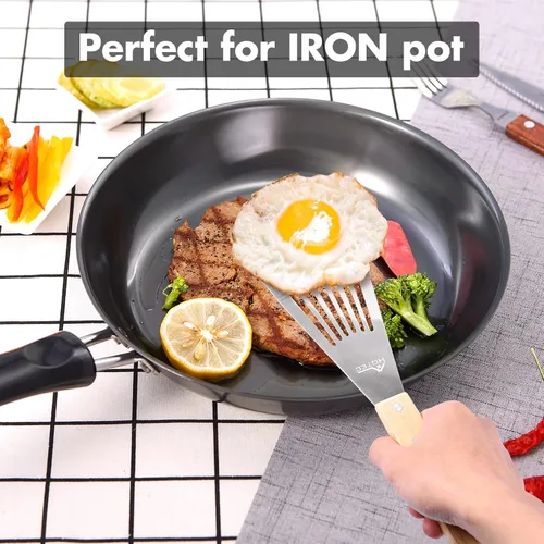 Miniatura 5 de HOTEC 2 piezas Espátula de pescado de acero inoxidable con mango de madera, espátula de metal para voltear alimentos