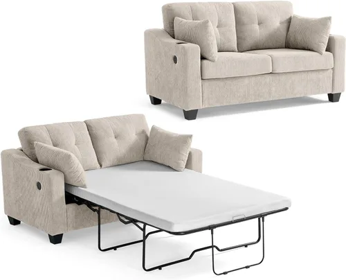 CHIC HOUSE Sofá cama extraíble, sofá cama tamaño completo, sofá convertible 2 en 1 de pana con carga USB, sofá de espuma viscoelástica para sala de